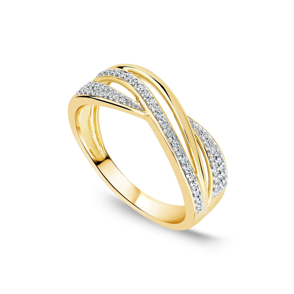 9ct Yellow Gold 3 Row Crossover 0.15ct Diamond Ring