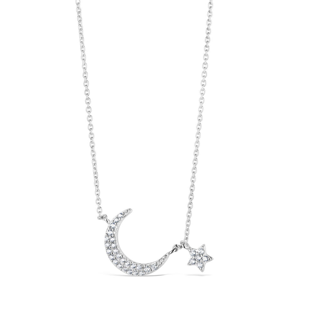 Sterling Silver Cubic Zirconia Moon & Star Necklet image number 0