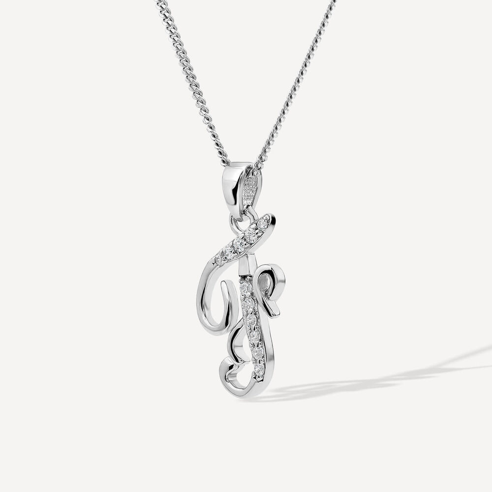 Sterling Silver Script Cubic Zirconia Initial F Pendant image number 1