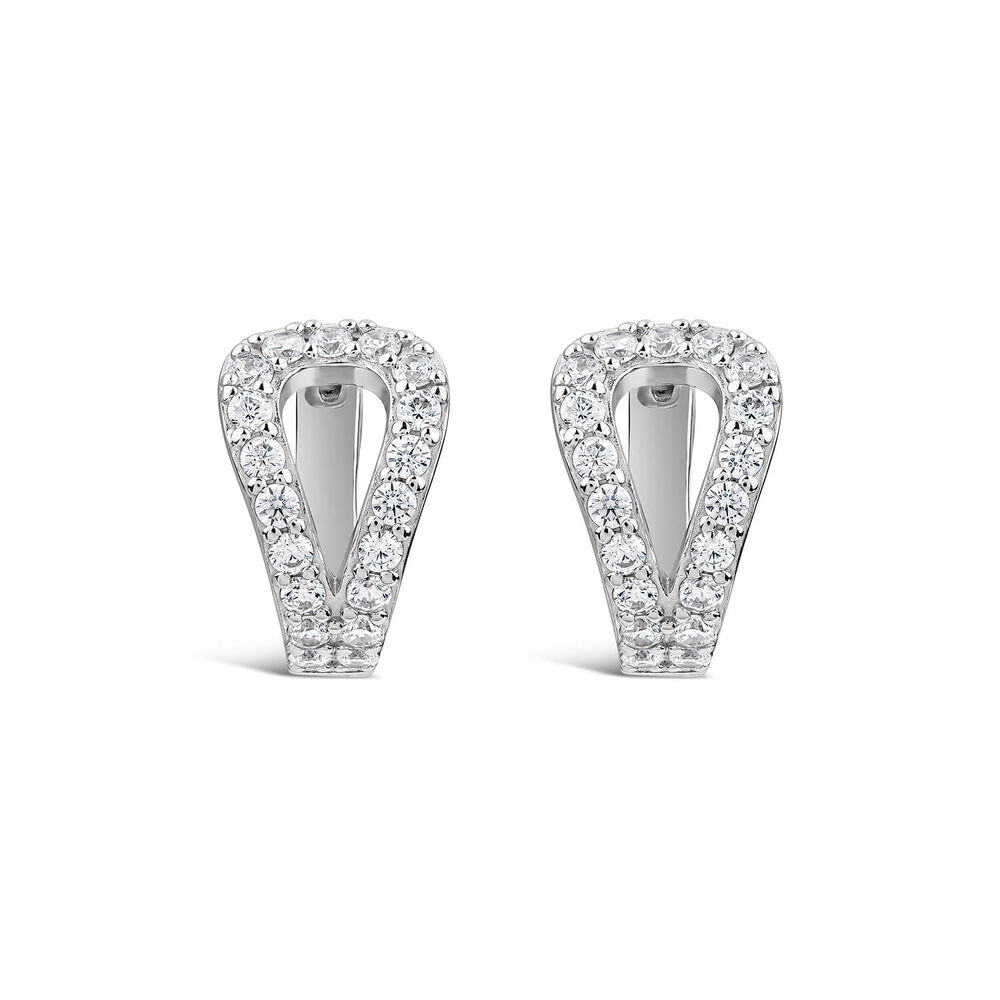 Sterling Silver Cubic Zirconia Opened Tear Shaped Hoop Earrings image number 0
