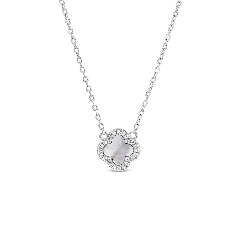 Sterling Silver Mother of Pearl & Cubic Zirconia Clover Petal Necklet image number 0