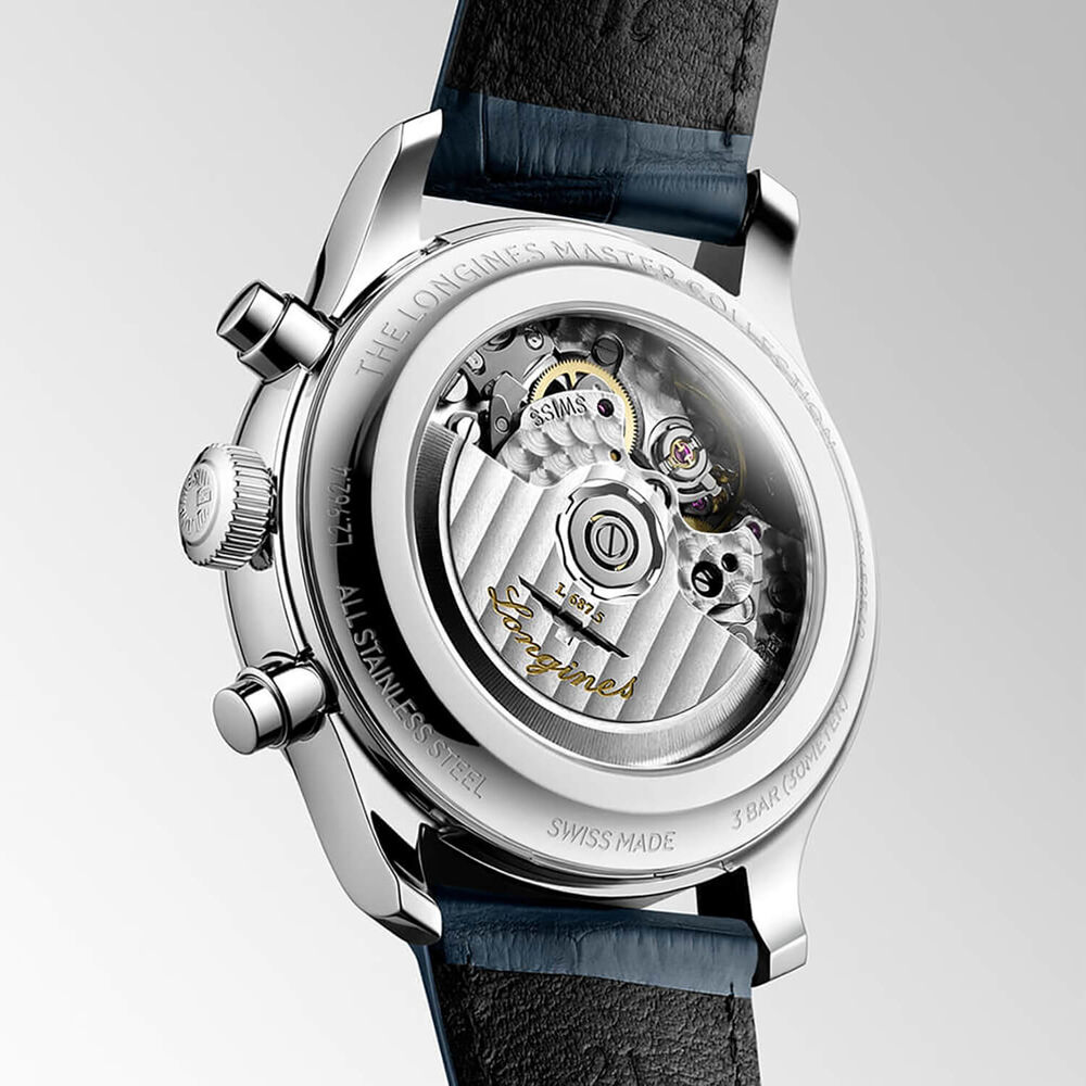 Longines Master Collection Chrono Monopusher 41mm Blue Barleycorn Dial Leather Strap Watch
