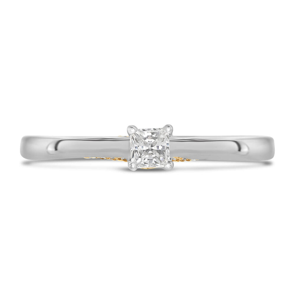 Kathy De Stafford 18ct White Gold ''Clara'' Princess Cut Solitaire & Yellow Gold Diamond Set Bridge 0.26ct Ring