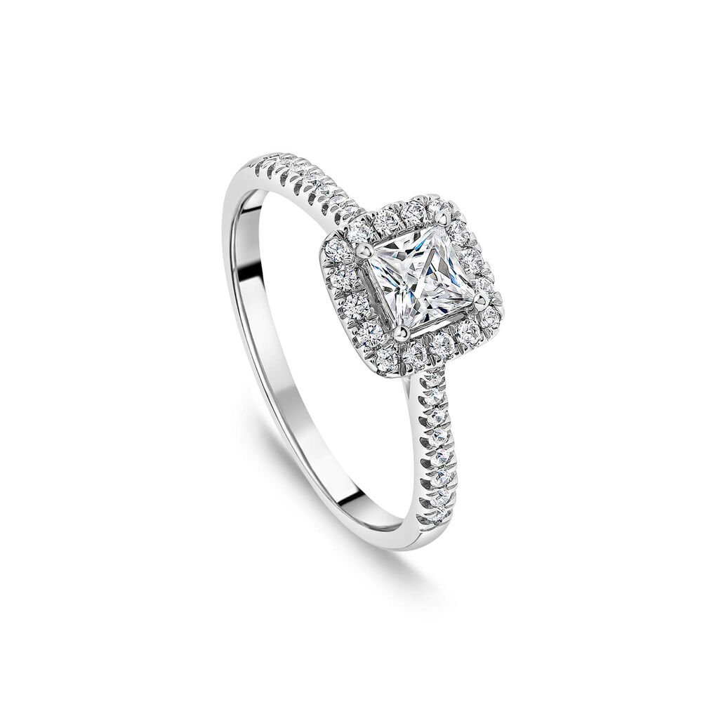 Tulip Setting 18ct White Gold 0.50ct Princess Halo Diamond & Side Stones Ring image number 0