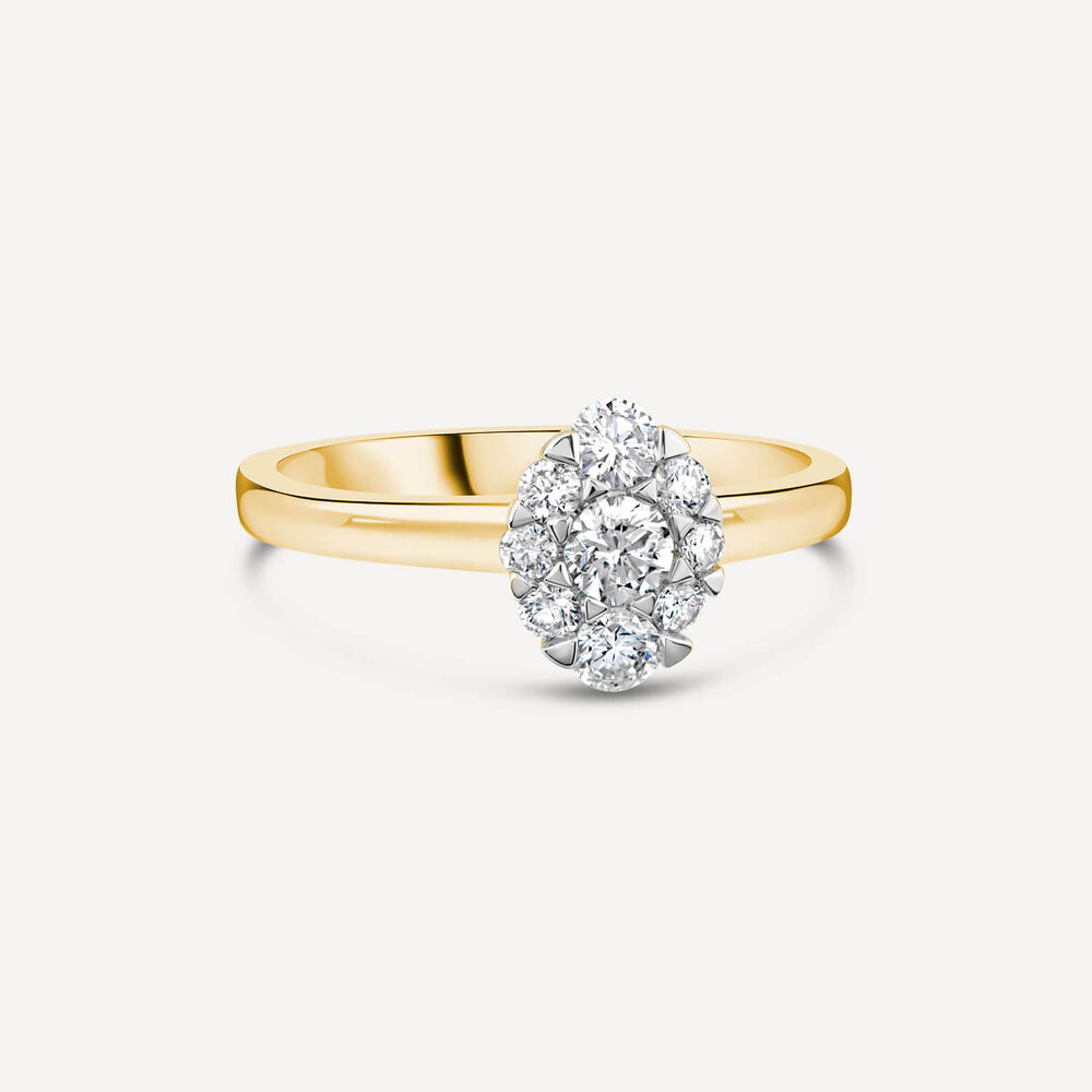 18ct Yellow Gold 0.57ct Oval Cluster Diamond Polished Band Engagement Ring image number 2