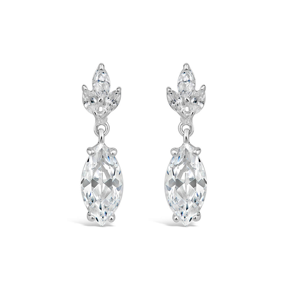 Sterling Silver Marquis Cubic Zirconia With Three Leaves Cubic Zirconia Top Earrings