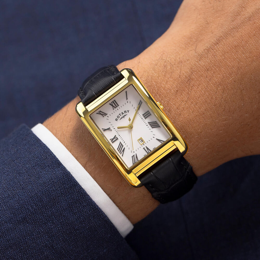 Rotary Heritage Astoria 29x36mm White Dial Gold PVD Case Black Leather Strap Watch
