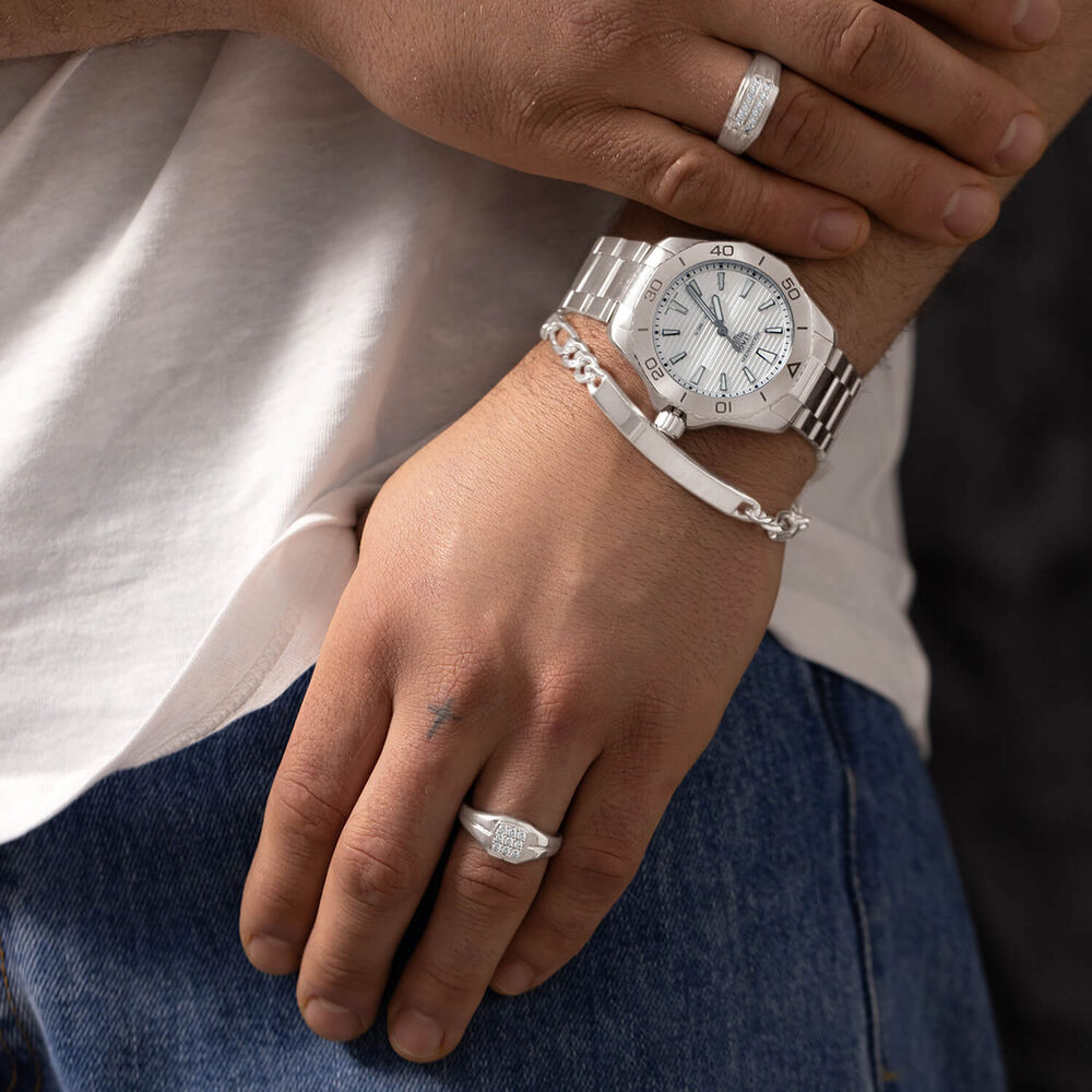 Gents Sterling Silver Two Line Square Cubic Zirconia Signet Ring