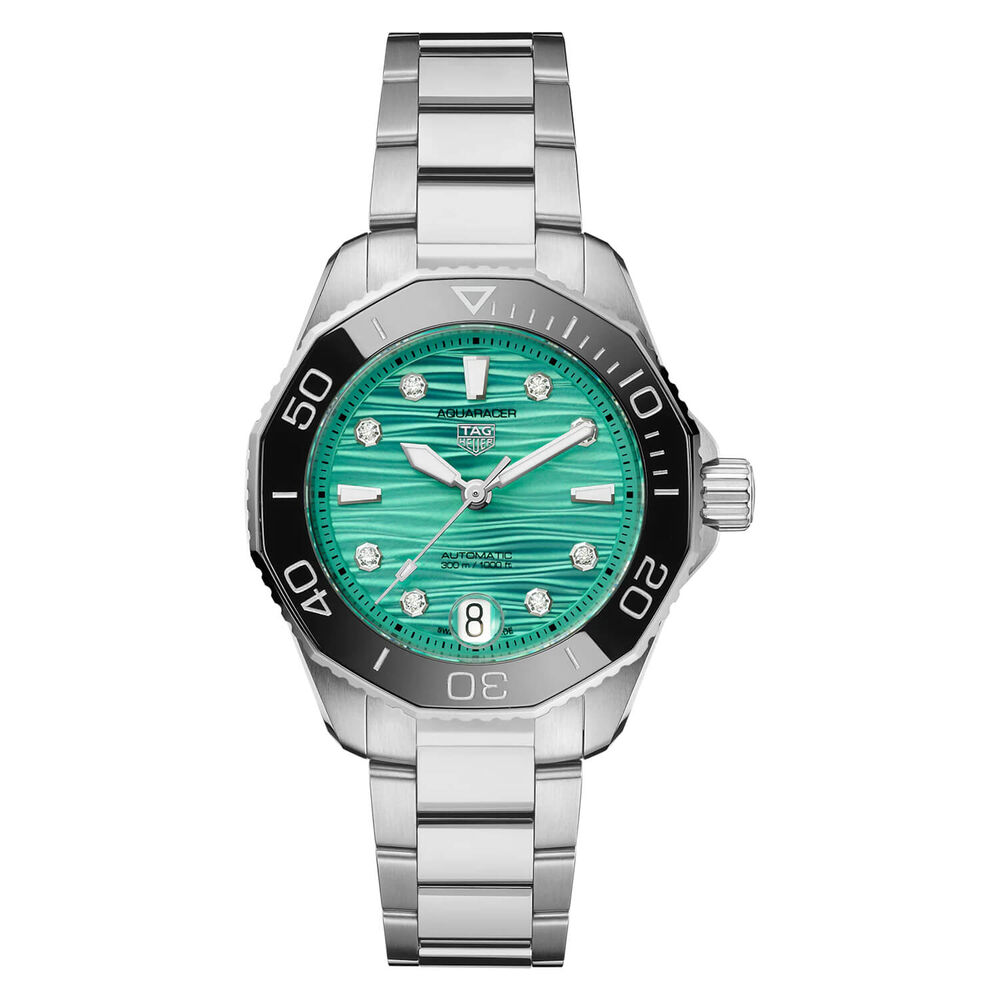 TAG  Heuer Aquaracer Professional 300 Date 36mm Turqoise Dial Diamond Dots Rubber Strap Watch image number 0