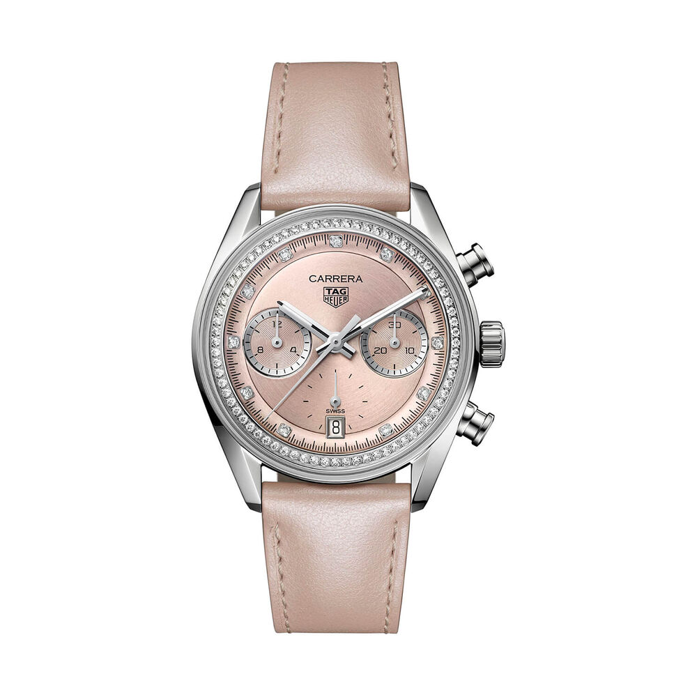 TAG Heuer Carrera Chronograph 39mm Pink Dial Diamond Dots Leather Strap Watch