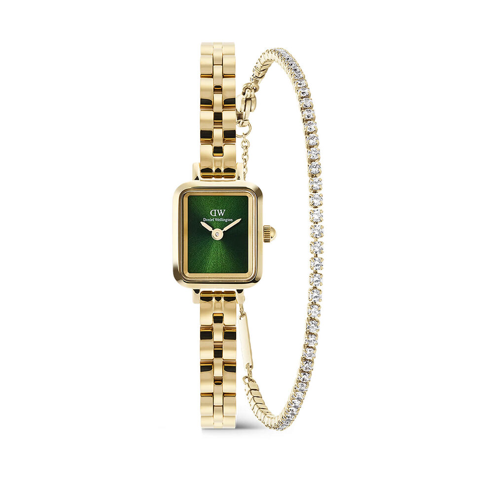 Daniel Wellington Quadro Mini 15x18mm Emerald Dial Watch & Zirconia Gold PVD Bracelet Gift Set