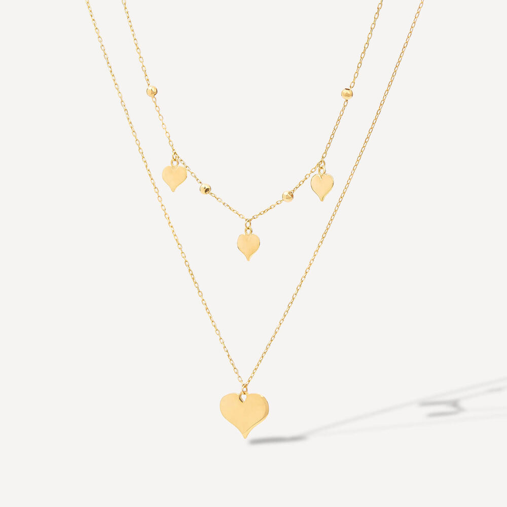 9ct Yellow Gold Polished Hearts Two Layer Necklet