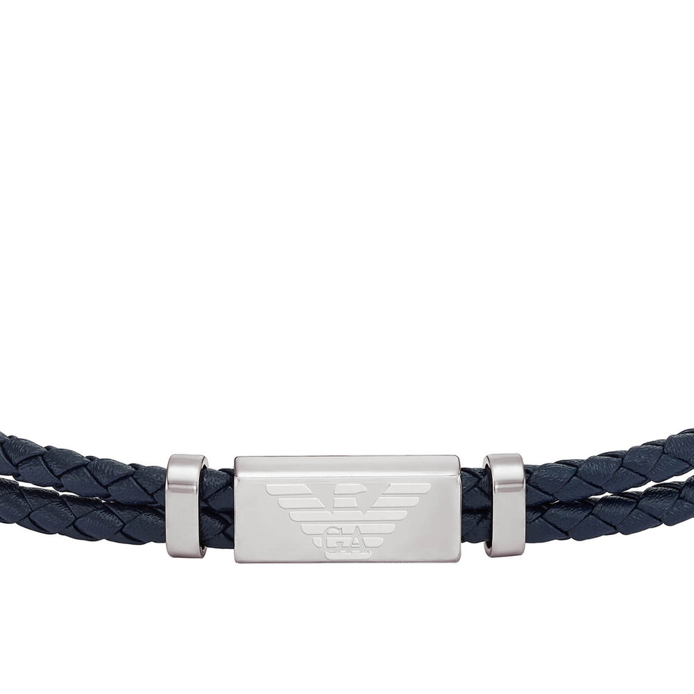 Emporio Armani Essentials Blue Leather Two Row Logo ID Bracelet