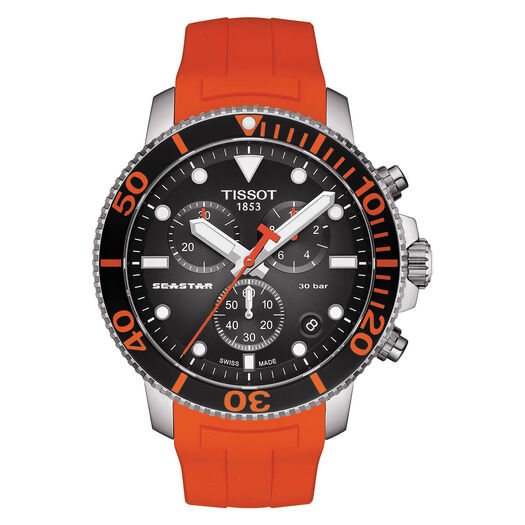 Tissot Seastar 1000 Chronograph 45mm Quartz Black Dial Orange Rubber Strap Watch