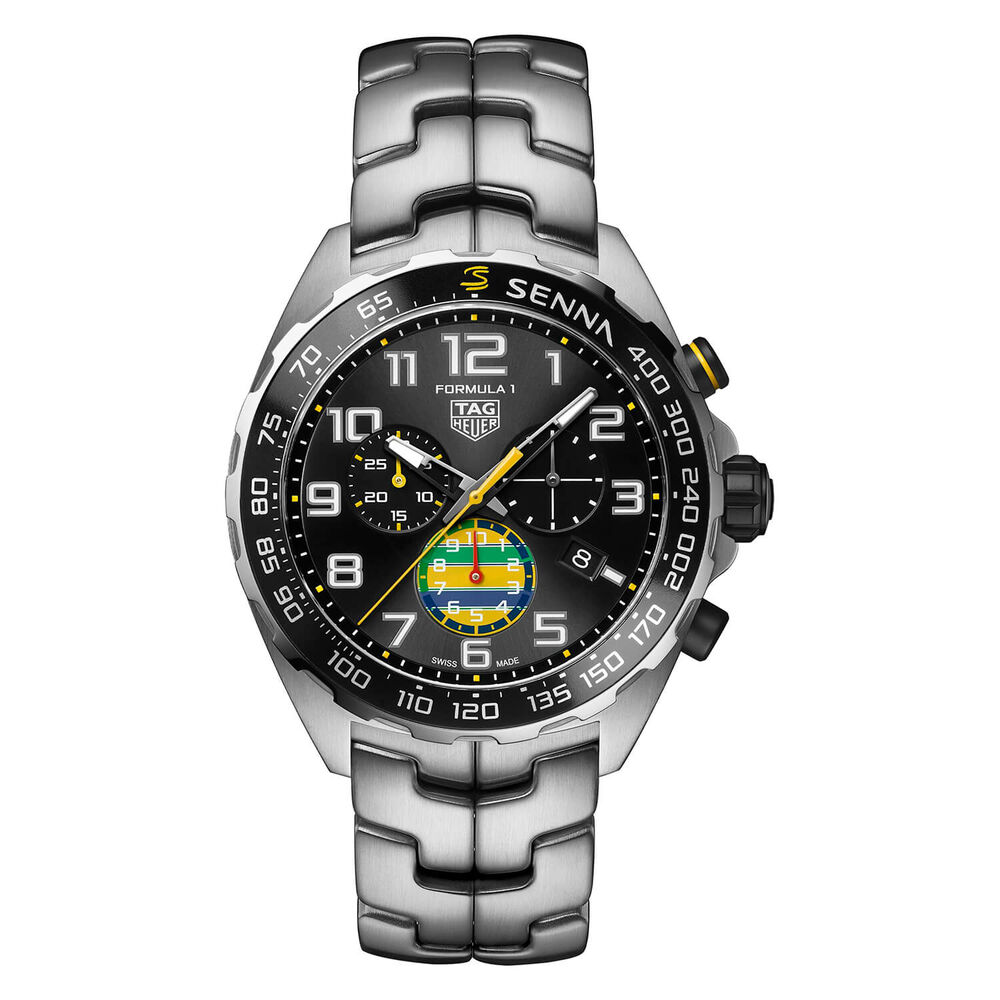 TAG Heuer Formula 1 Chronograph x Senna 43mm Black Dial Steel Bracelet Watch image number 0