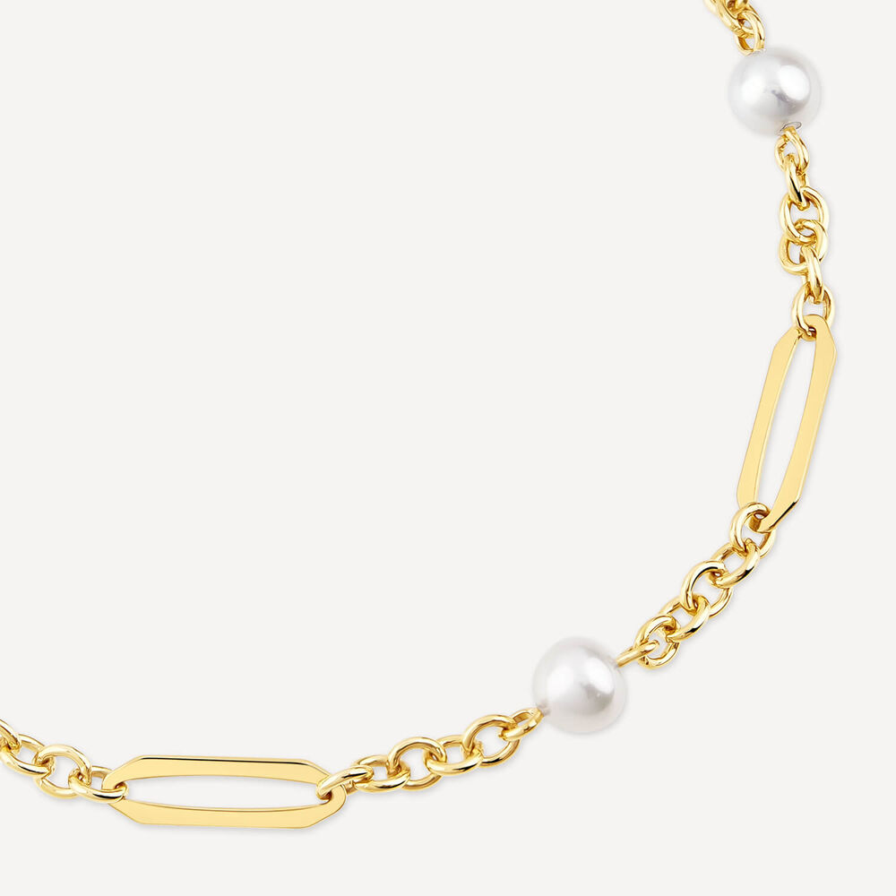 Yellow Gold Plated Sterling Silver Stationed Pearls Paperlink Bracelet