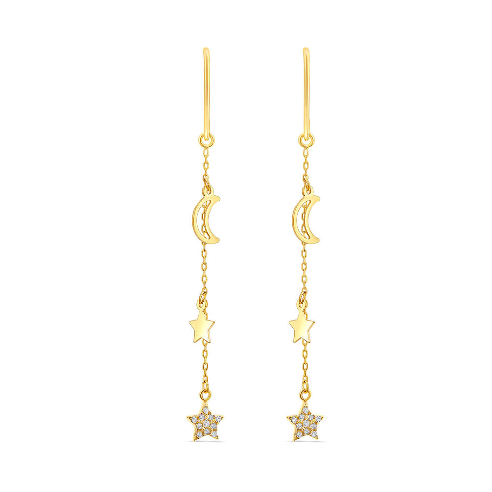 9ct Yellow Gold Polished & Cubic Zirconia Moon & Stars Drop Earrings image number 0
