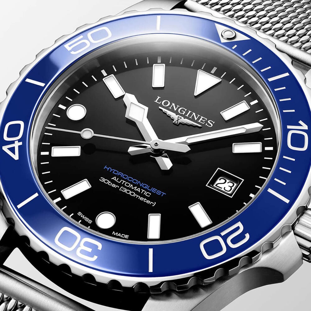 Longines HydroConquest 42mm Black Dial Blue Bezel Steel Bracelet Watch