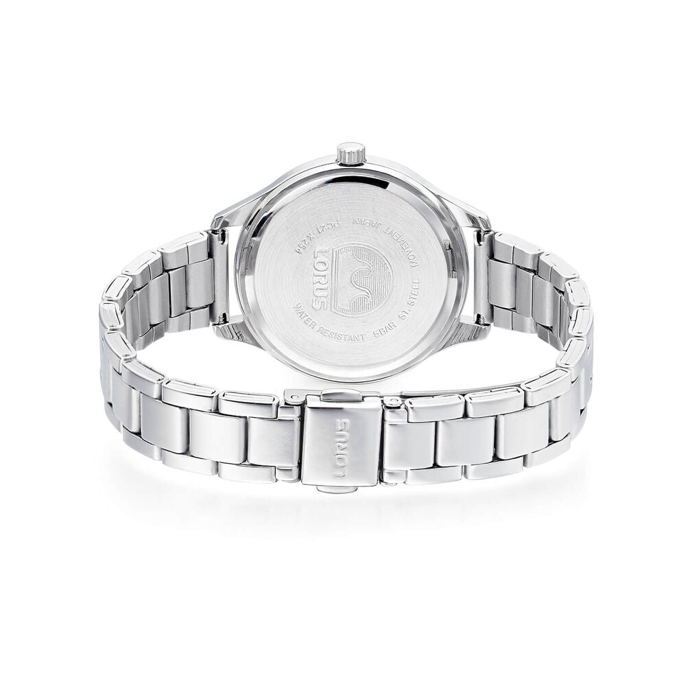Lorus Quartz Ladies 33mm Mother of Pearl Dial Cubic Zirconia Set Bezel Steel Bracelet Watch image number 2