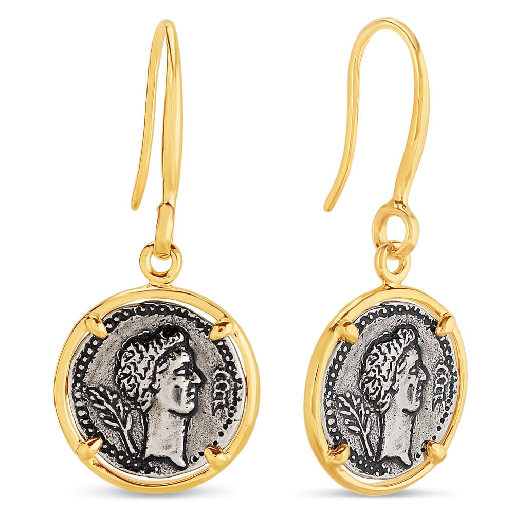 Sterling Silver and Yellow Gold Plated Vintage Coin Ladies Drop Earrings image number 1