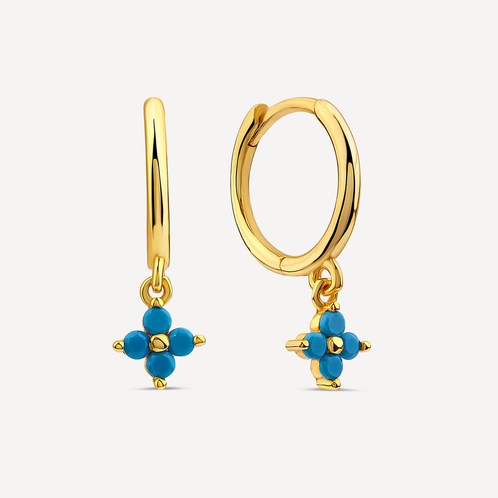 Yellow Gold Plated Blue Flower Hoop Earrings