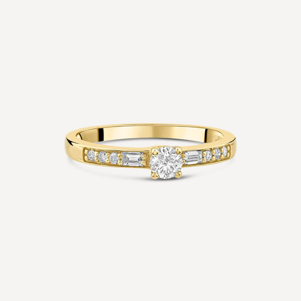 18ct Yellow Gold 0.37ct Solitaire & Baguette Shoulders Diamond Engagement Ring image number 2