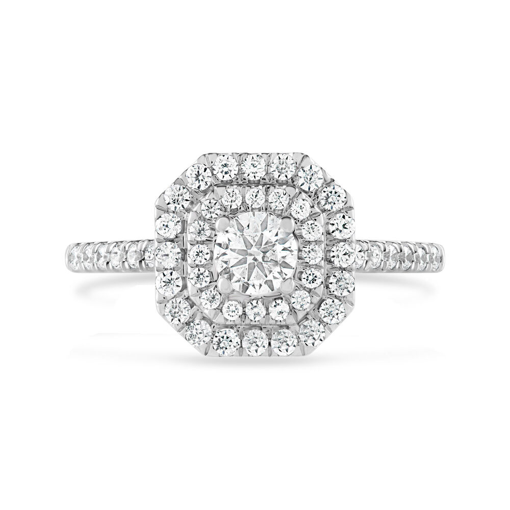 18ct White Gold 0.61ct Round Diamond Double Hexagonal Halo and Shoulders Ring image number 1