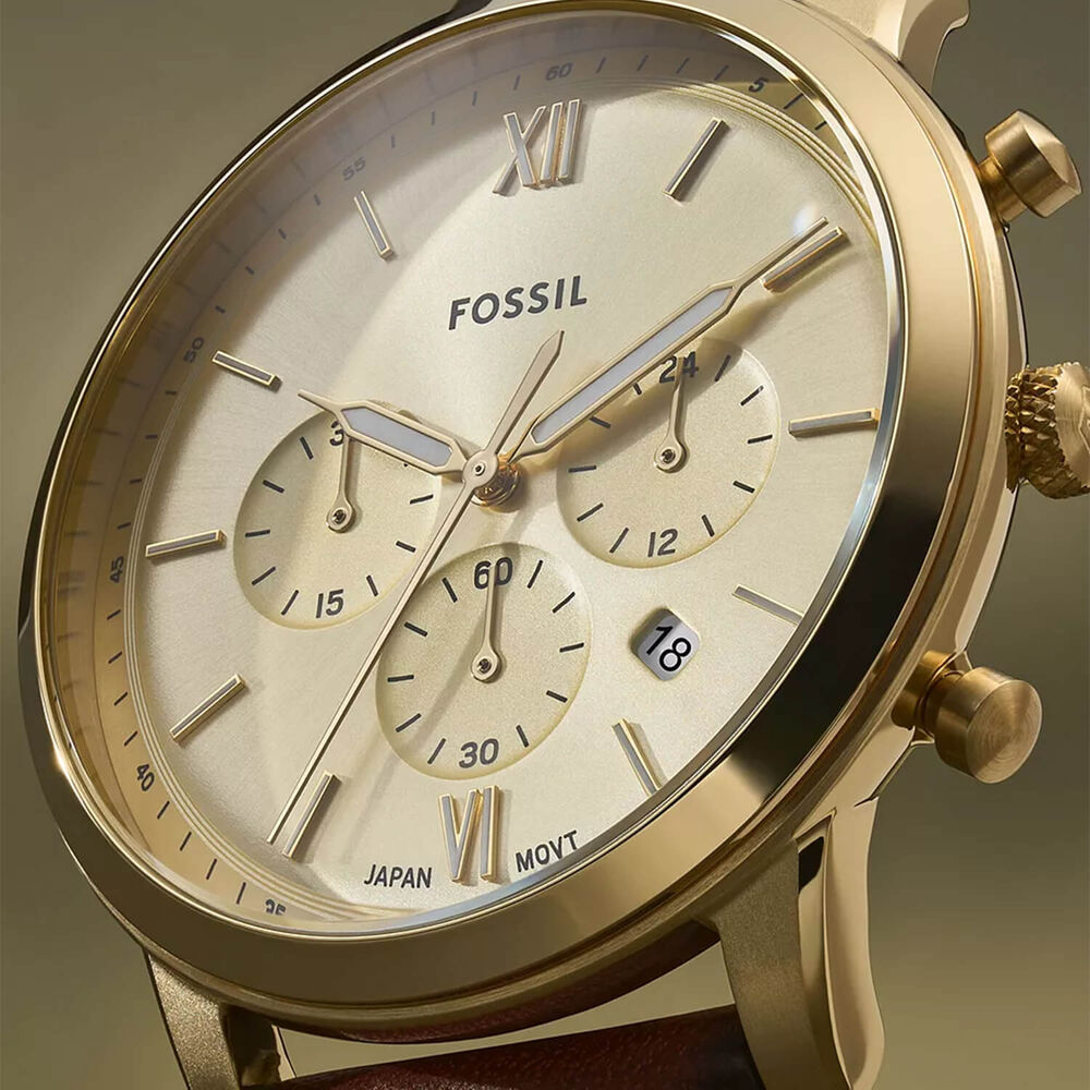 Fossil Neutra Chronograph 44mm Gold Dial Brown Leather Strap Watch image number 4