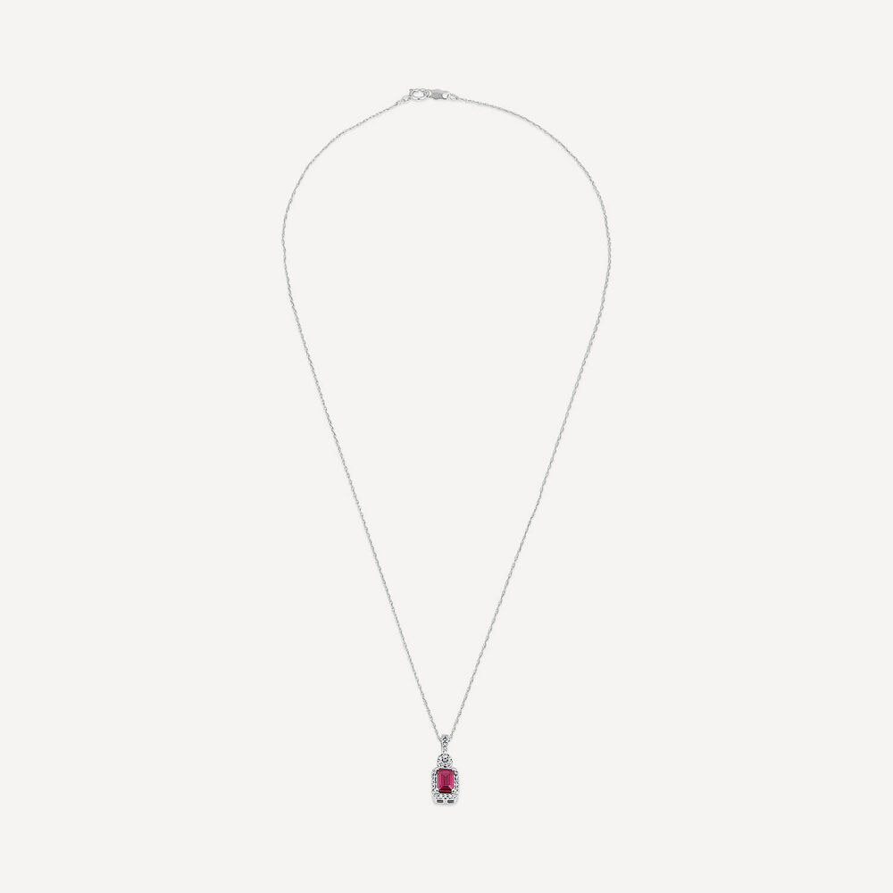 9ct White Gold Rectangular Rhodolite Garnet & 0.10ct Diamond Halo Pendant image number 2