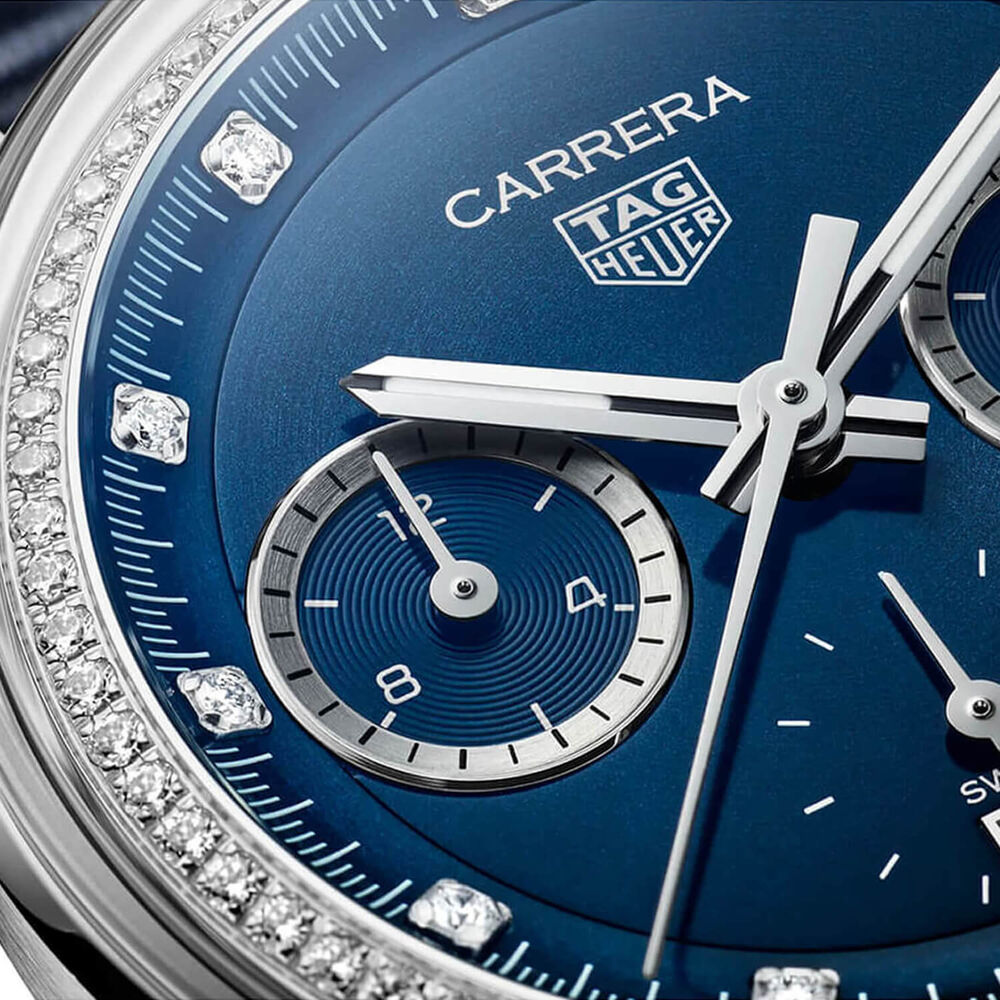 TAG Heuer Carrera Chronograph 39mm Blue Dial Diamond Dots Leather Strap Watch image number 3