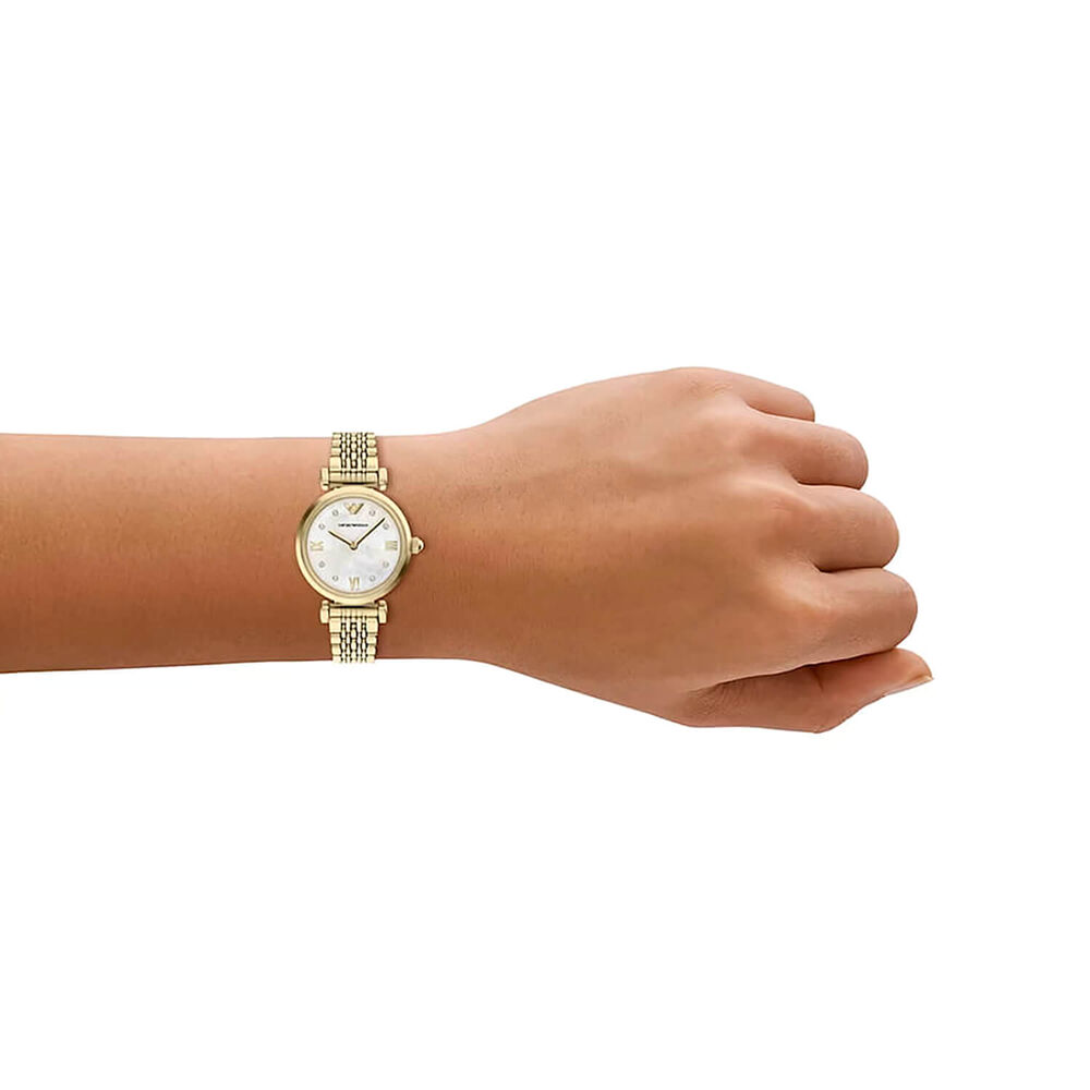 Emporio Armani 28mm Mother of Pearl Dial Gold Tone Stainless Steel Bracelet Watch