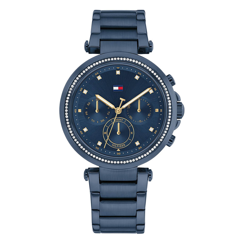 Tommy Hilfiger Chronograph 38mm Blue Dial Cubic Zirconia Set Bezel Steel Bracelet Watch