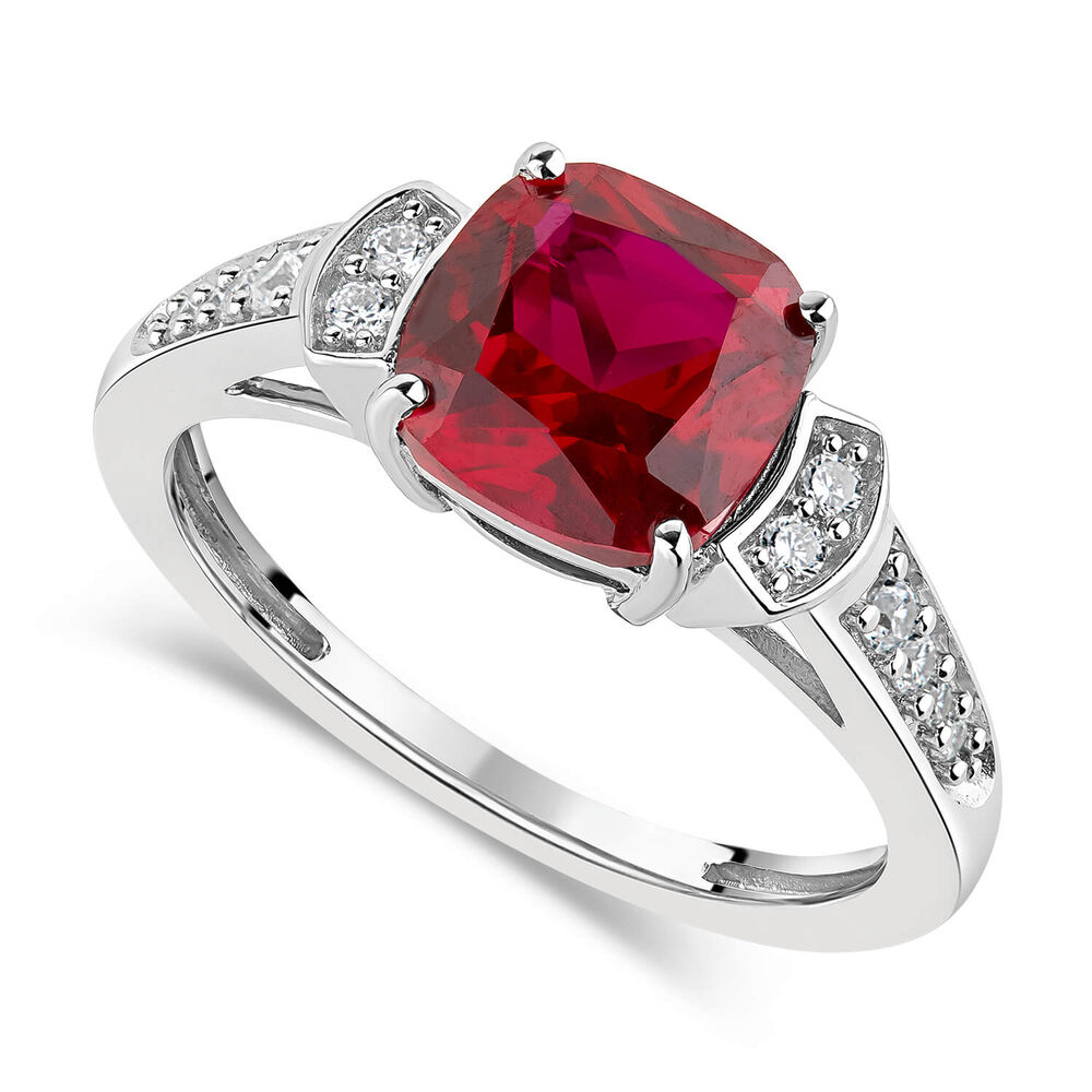 9ct White Gold Cushion Simple Ruby With Cubic Zirconia Shoulders And Sides Ladies Ring