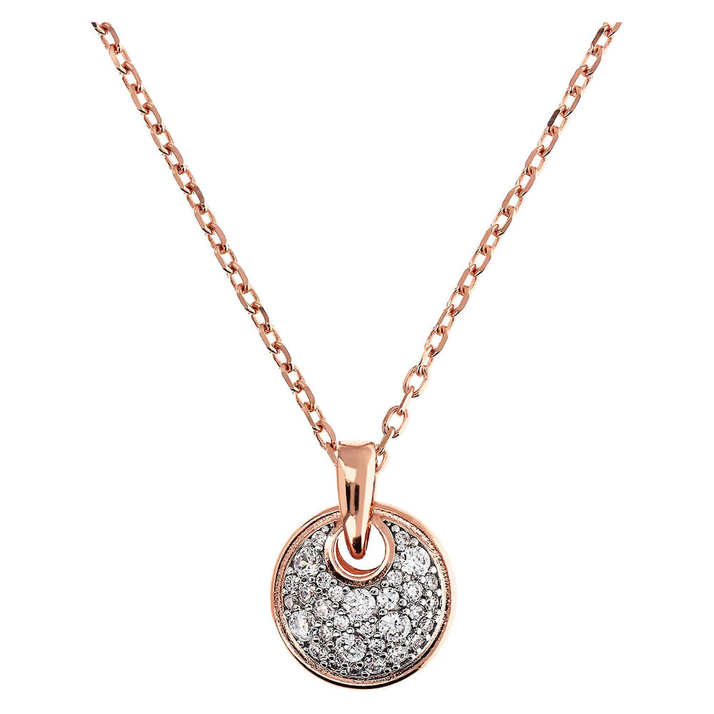 Bronzallure 18ct Rose Gold Plated White Cubic Zirconia Round Pave Pendant Chain Necklace