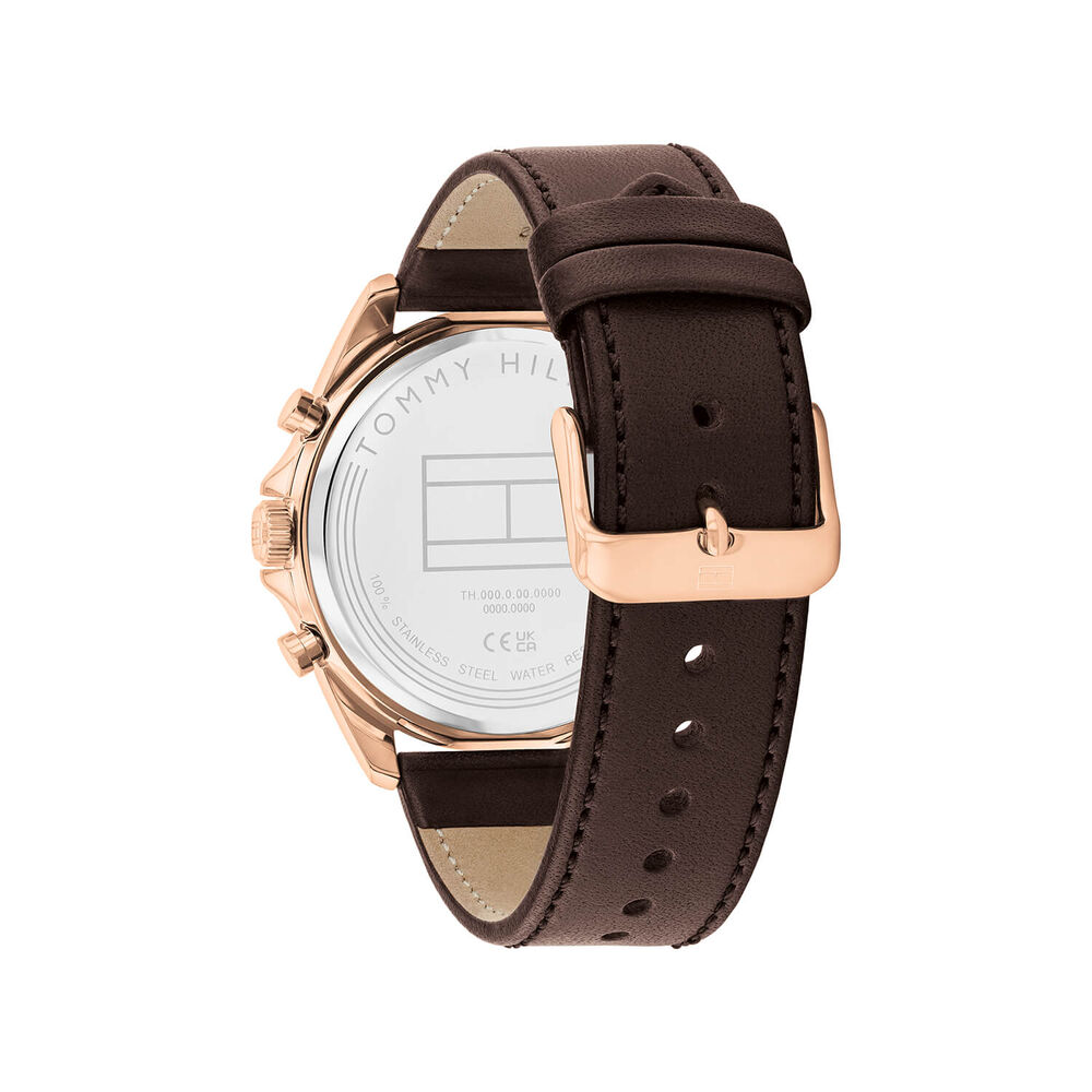 Tommy Hilfiger 43.5mm Blue Open Heart Dial Rose Gold Tone Steel Case Brown Leather Strap Watch image number 3