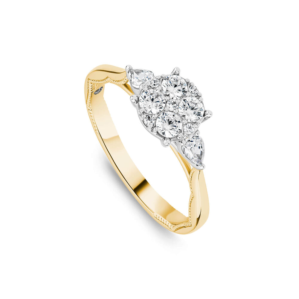 Kathy De Stafford 18ct Yellow Gold 'Amira' 0.50ct Diamond Round Cluster Pear Shoulders Ring
