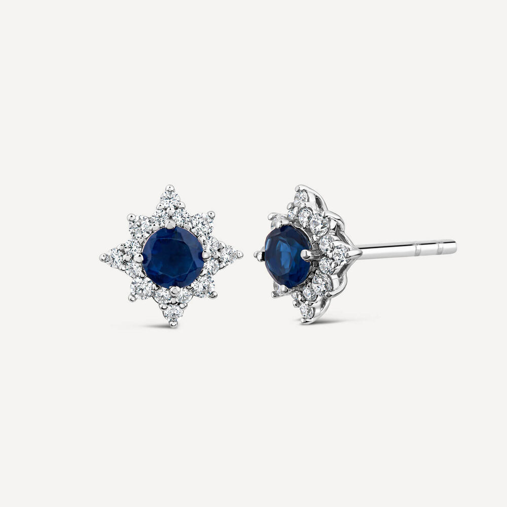 9ct White Gold Sapphire Centre 0.25ct Diamond Cluster Stud Earrings