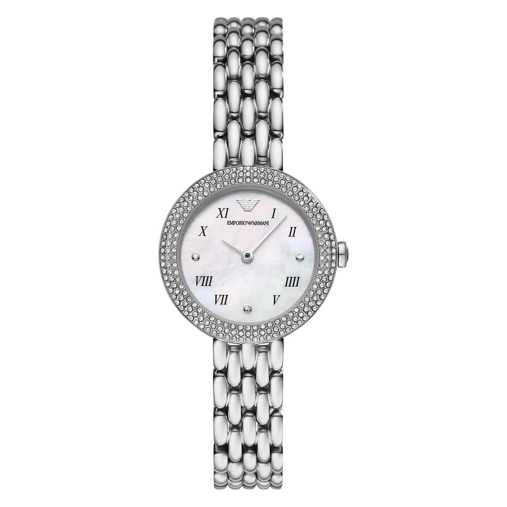 Emporio Armani Rosa 30mm Mother of Pearl Dial Cubic Zirconia Set Steel Case Bracelet Watch