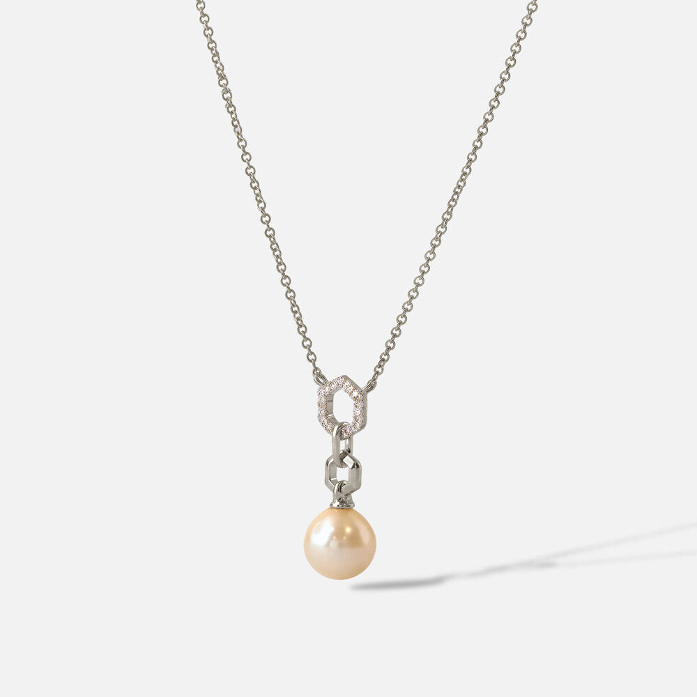9ct White Gold Freshwater Pearl Diamond Hexagon Top Pendant