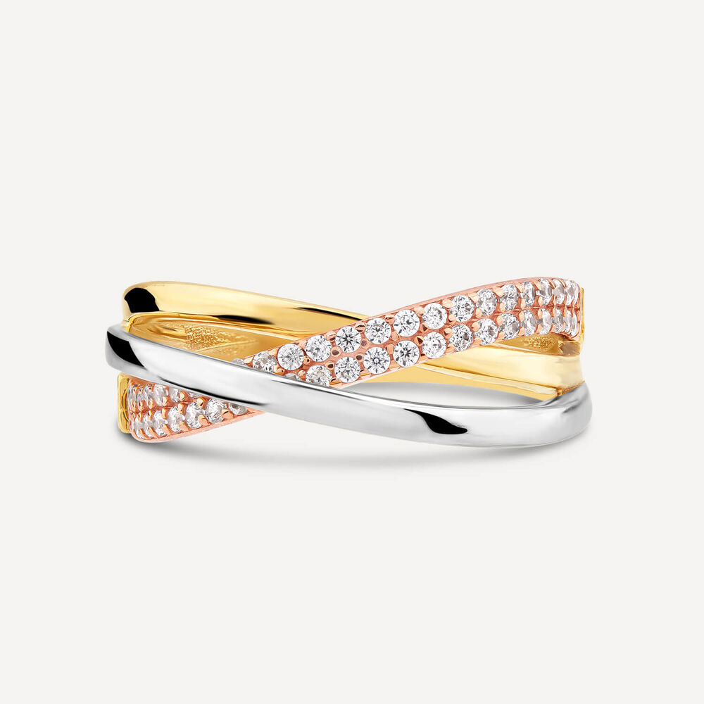 9ct Three Colour Gold Cubic Zirconia Set Cross Over Ring