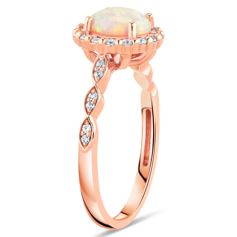 9ct Rose Gold Created Opal Cubic Zirconia Halo & Fancy Sides Ring image number 3