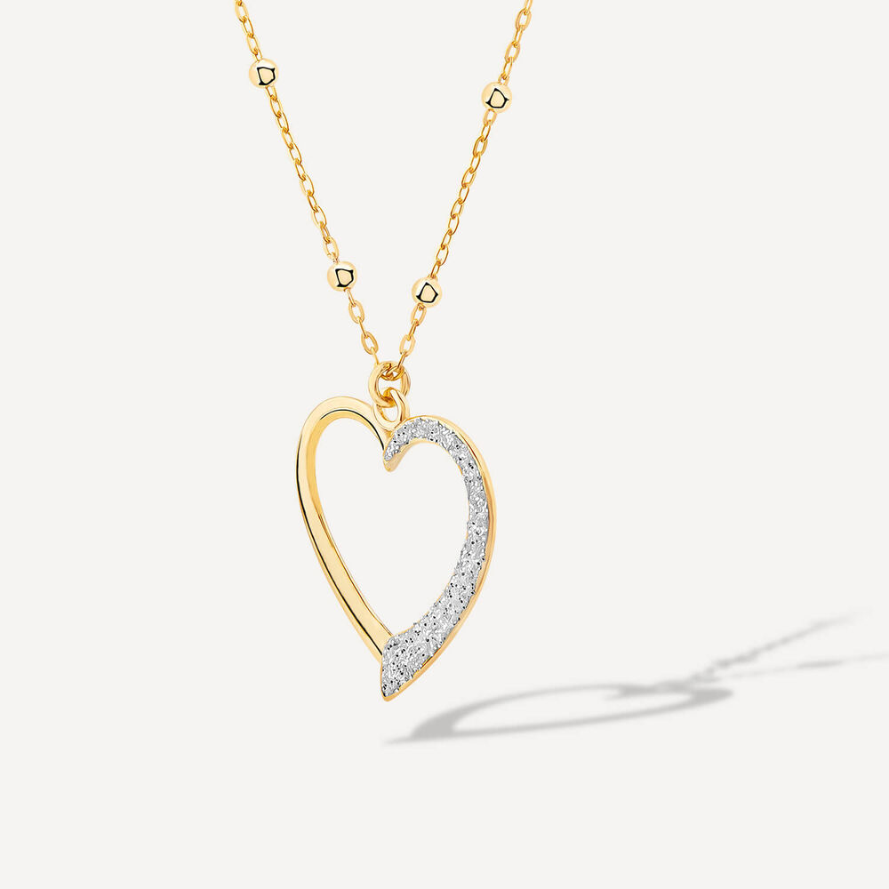 9ct Yellow Gold Half Glitter & & Polished Heart Bead Chain Necklet