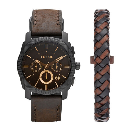Fossil Machine Men's Watch and Leather Bracelet Set