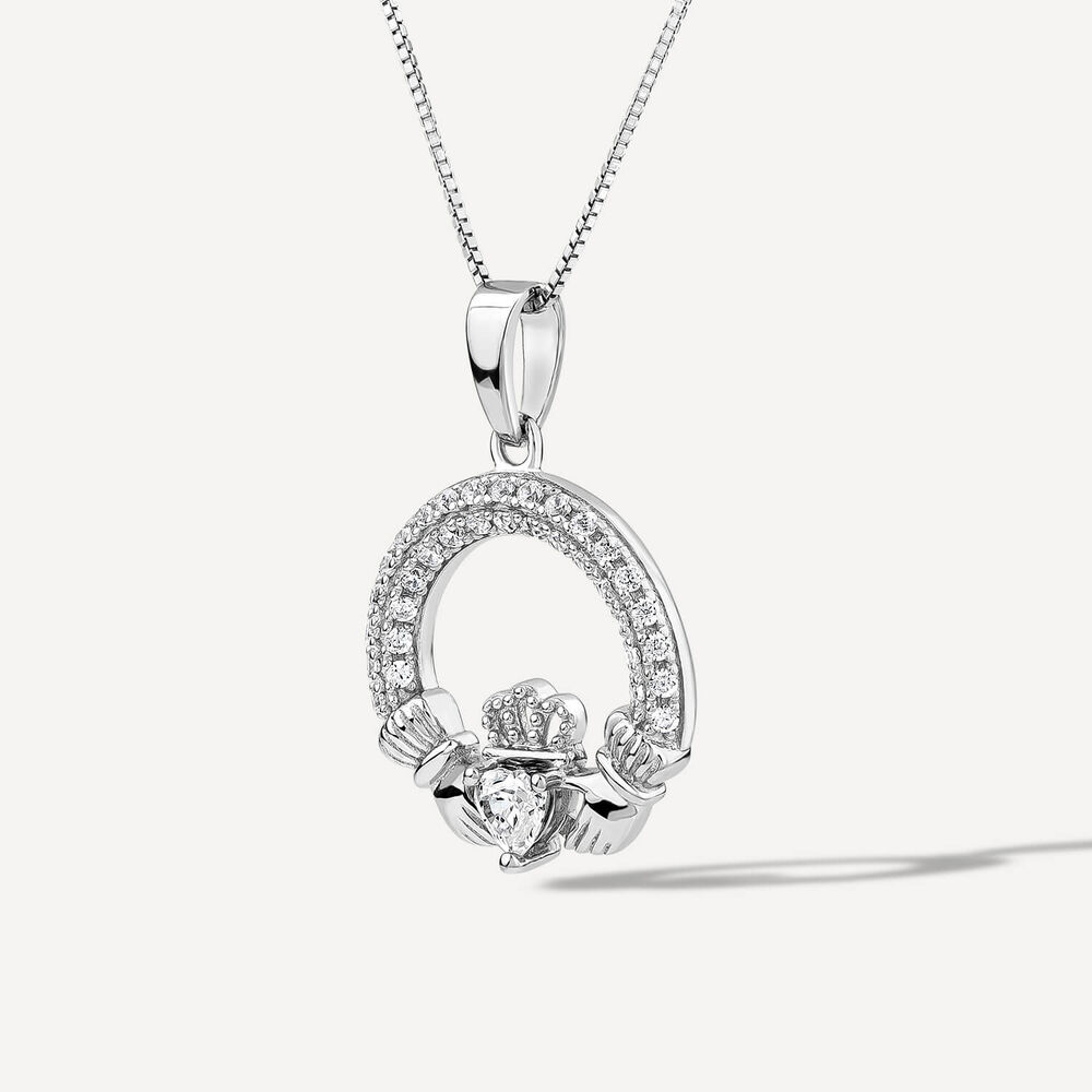 Sterling Silver April Birthstone Pave Cubic Zirconia Claddagh Pendant image number 4