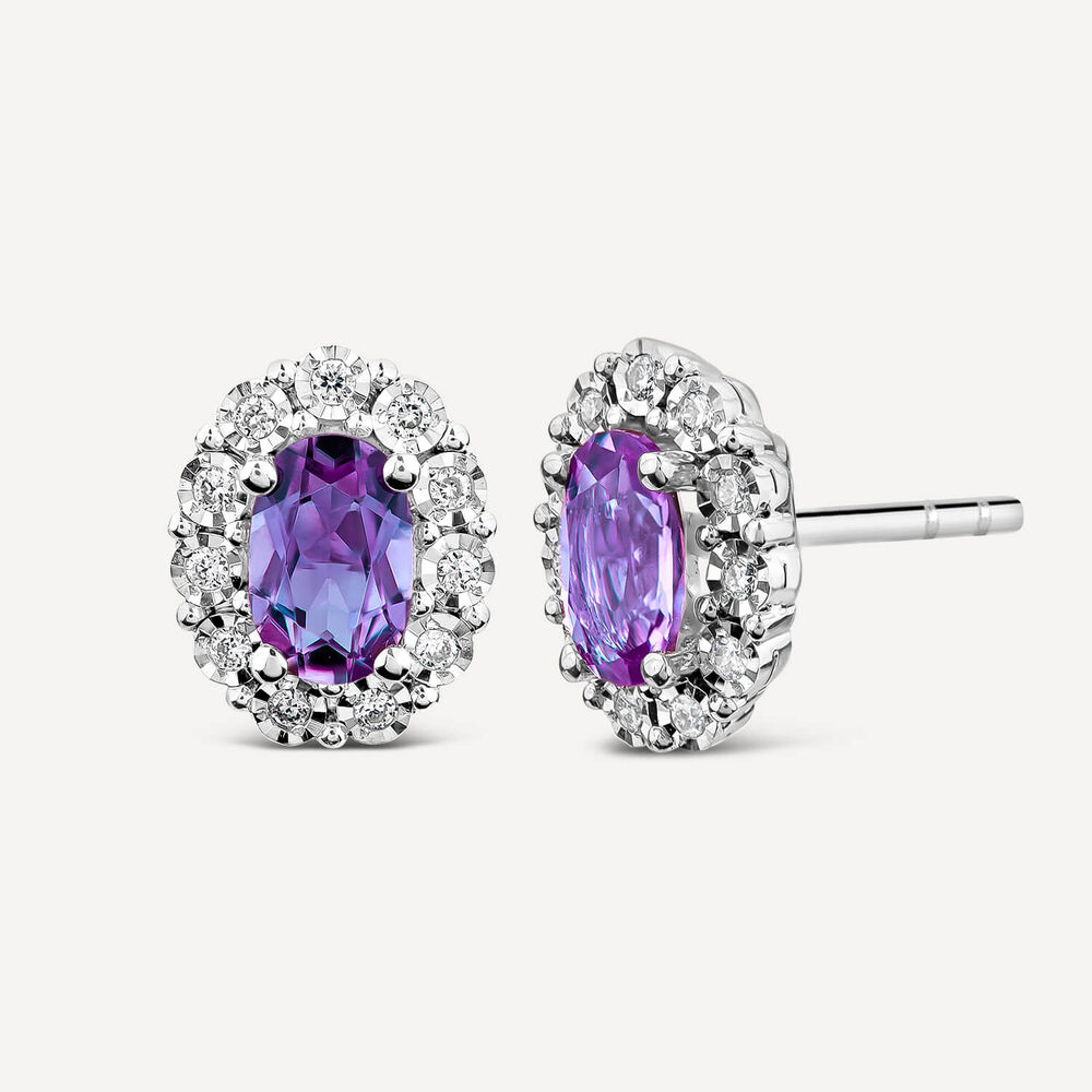 9ct White Gold Oval Amethyst 0.05ct Diamond Cluster Stud Earrings image number 1