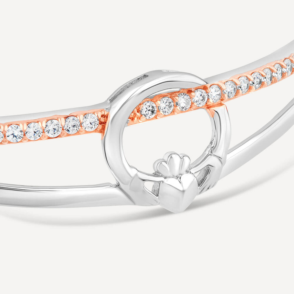 Sterling Silver & Rose Gold Plated Claddagh Cubic Zirconia Bangle image number 3