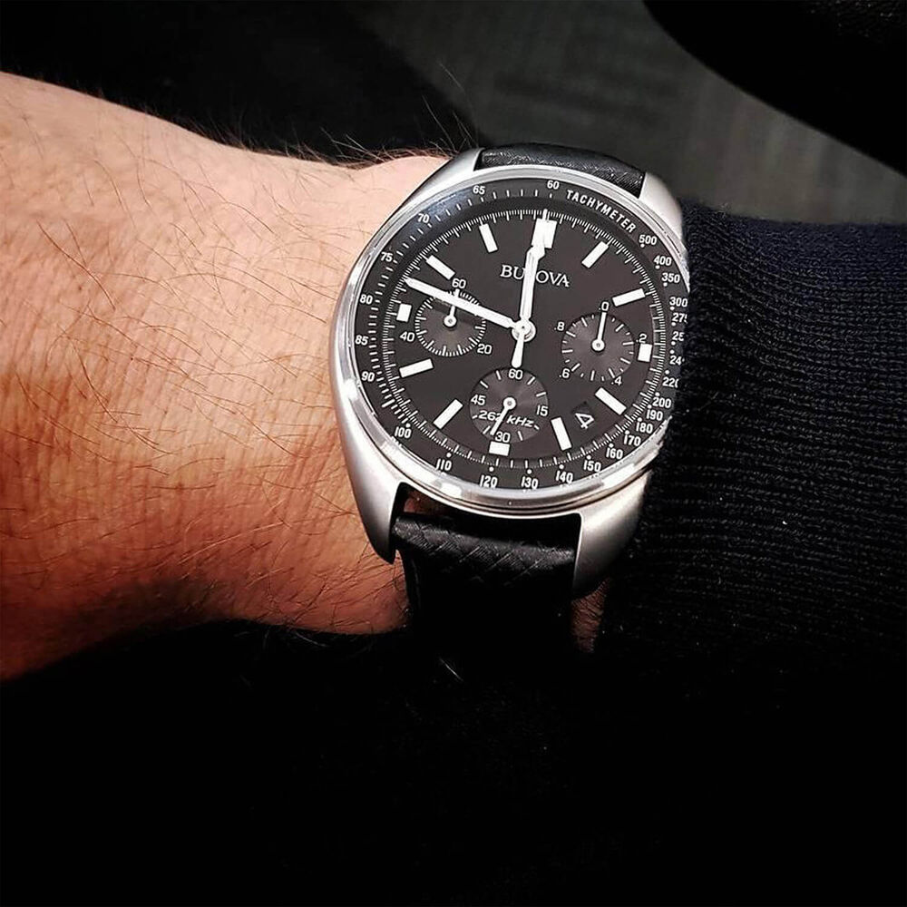 Bulova Special Edition Lunar Pilot Chronograph 45mm Black Dial Leather Strap Watch image number 8