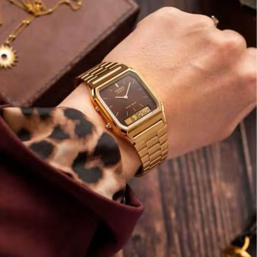 Casio Vintage 38.8x29.8mm Brown Dial Dual Display Gold Tone Stainless Steel Bracelet Watch