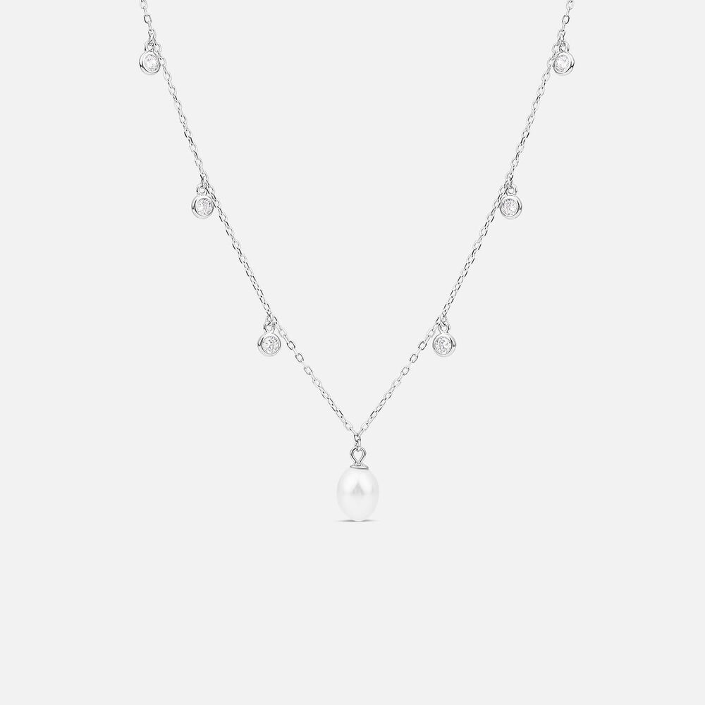 Sterling Silver Freshwater Pearl & Cubic Zirconia Droplets Necklet