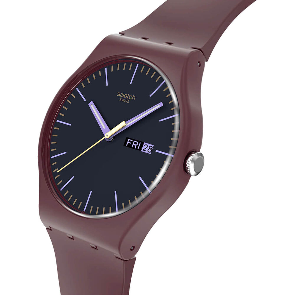 Swatch Burgundy Berry 41mm Grey Dial Brown Silicone Strap Watch image number 1